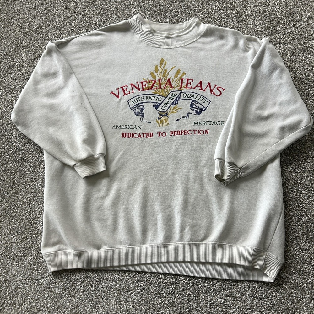 Venezia Jeans Sweatshirt Womens 2XL White Fleece Pullover Logo Graphic Crewneck